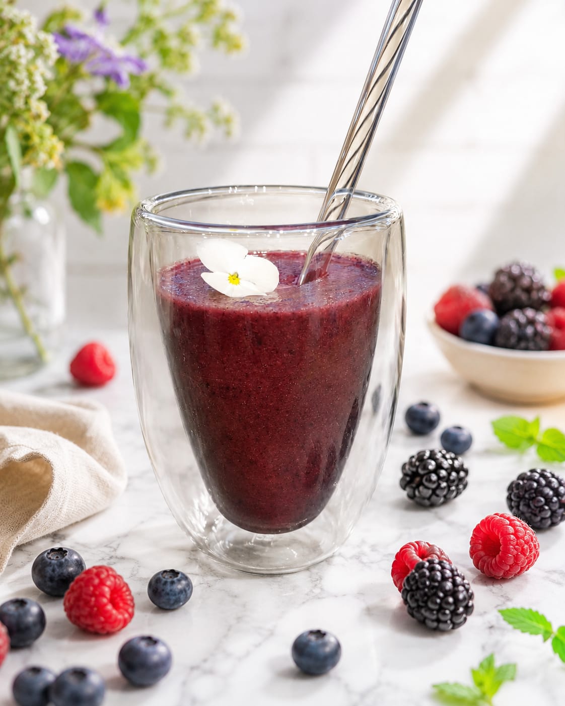 Blaubeer-Smothiee im Glas mit Früchten dekoriert
