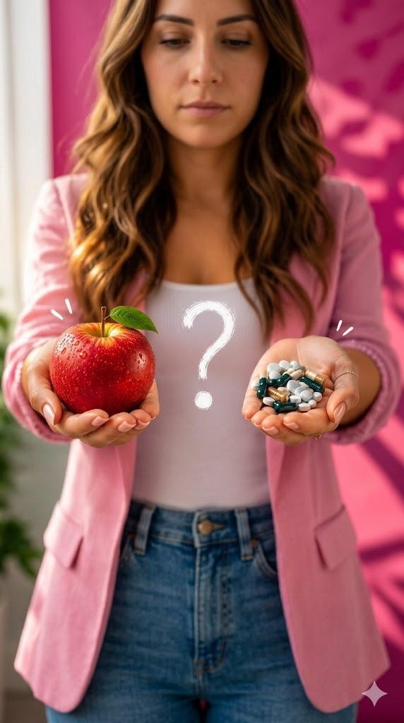 ein Apfel in der rechten und Pillen in der linken Hand