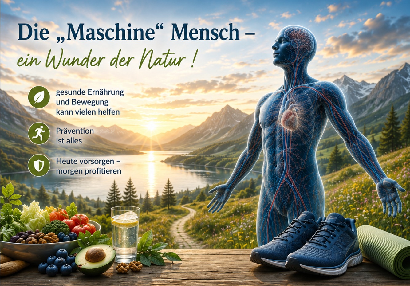 Landschaft im Hintergrund, gesunde Lebensmittel und ein Mensch anatomisch Dargestellt, Laufschuhe und Yogamatte